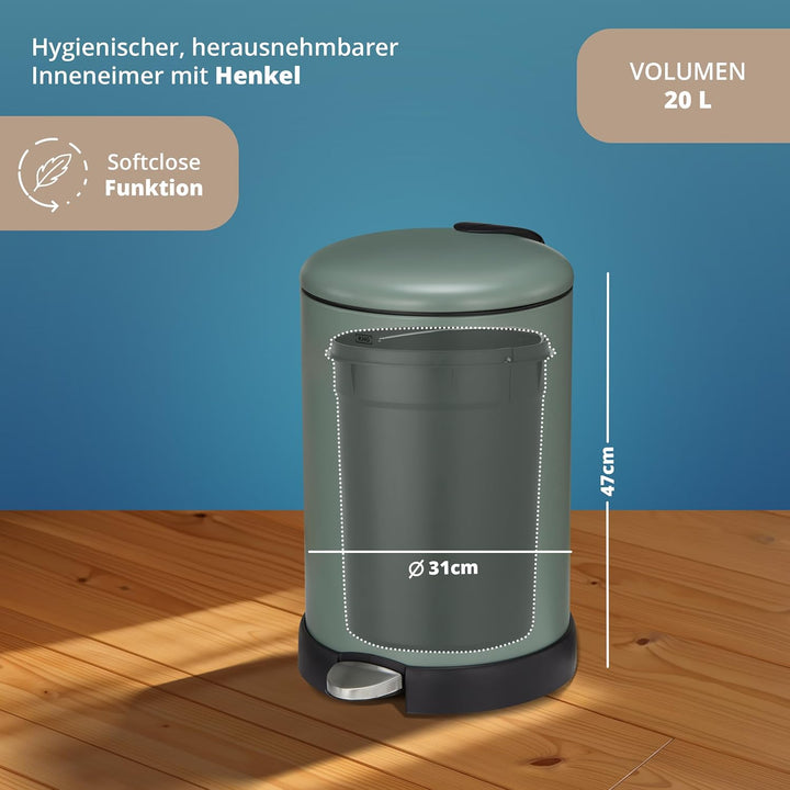 KHG Mülleimer 20 L Grün mit Softclose-Deckel & Tretfunktion - Pulverbeschichteter Metall-Abfalleimer