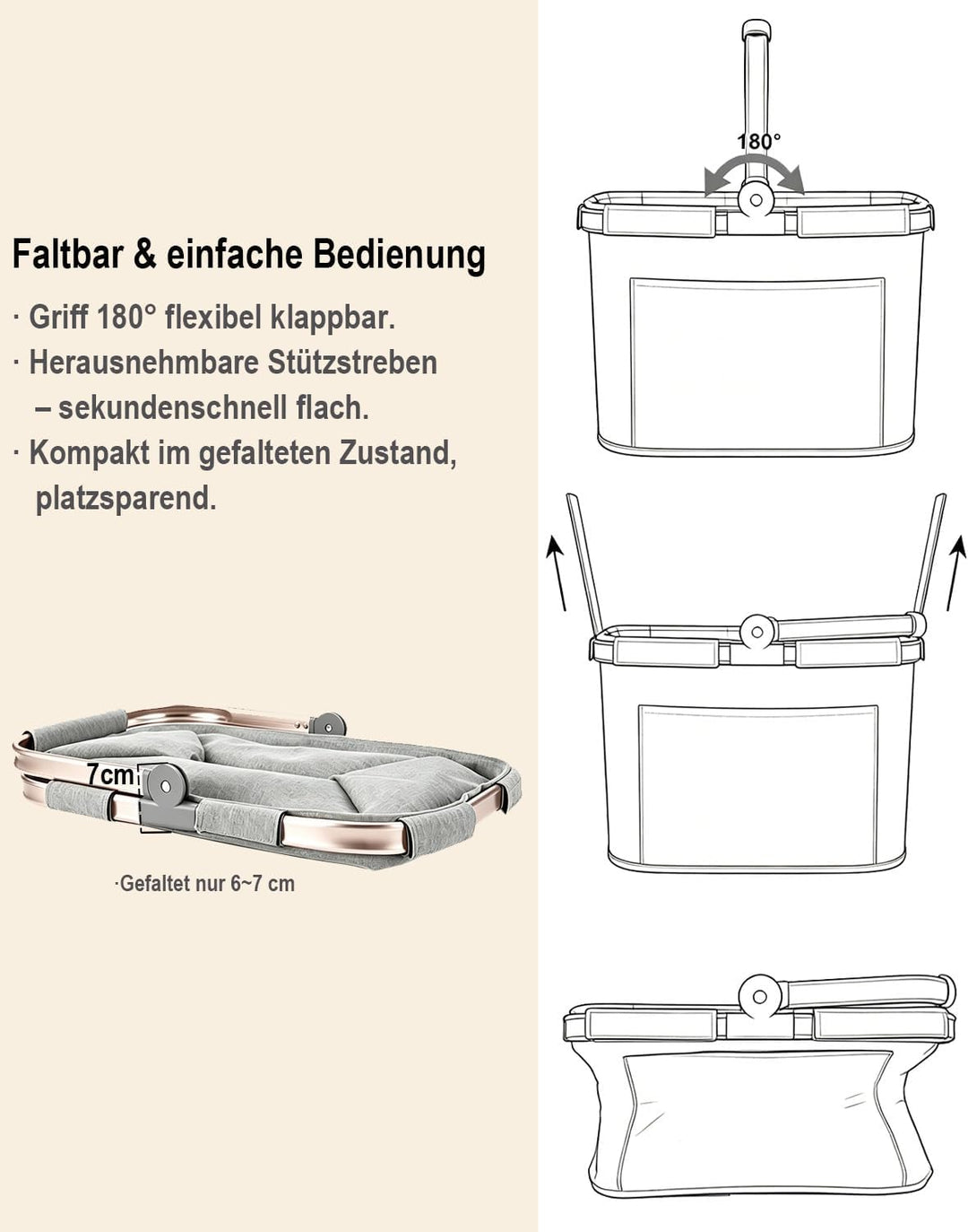 30L Einkaufskorb Faltbar Stabil Gross Tragekorb Picknickkorb Klappkorb Einkaufstasche mit Aluminiumg