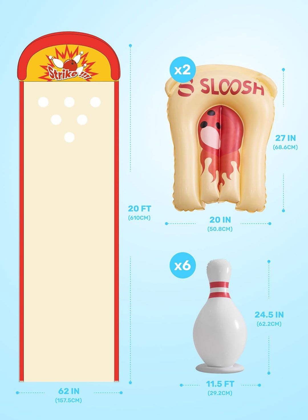 Sloosh 22ft / 6,7m Garten-Wasserrutsche mit Bowling-Set – aufblasbare Kegel & Bälle, doppelte Spur m