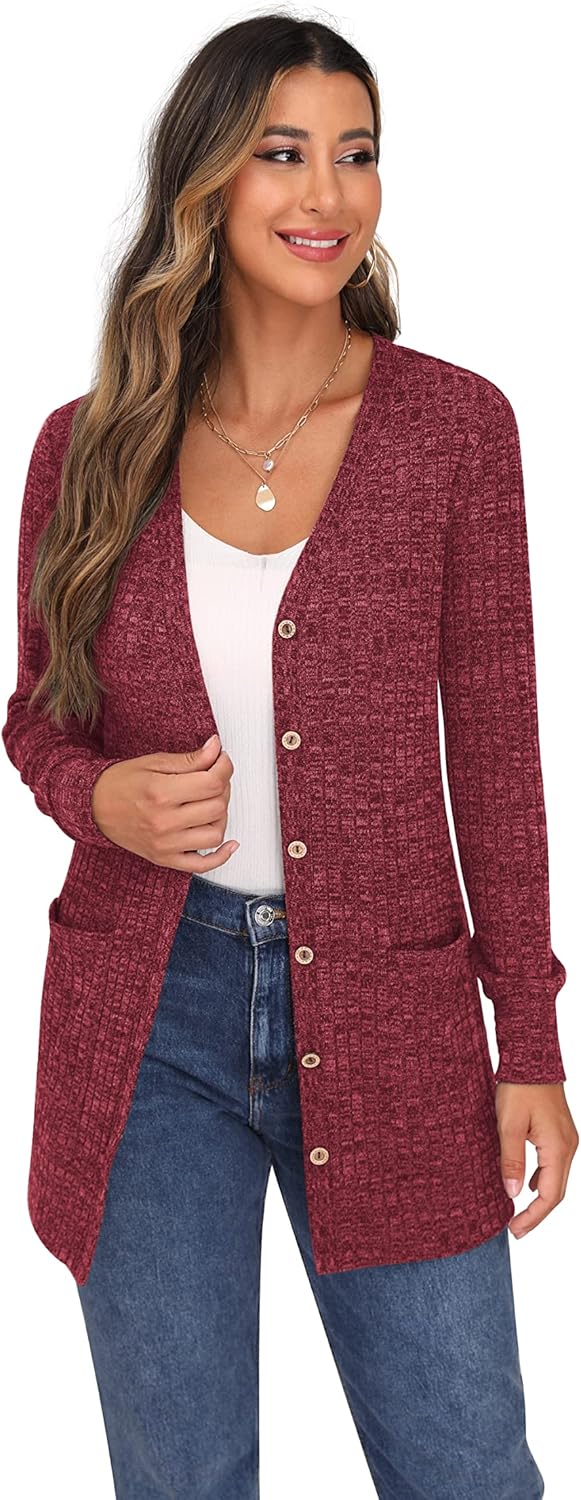 GRECERELLE Damen Leichte Strickjacke Lang mit Taschen und Knöpfen Long Elegant Cardigan V-Ausschnitt