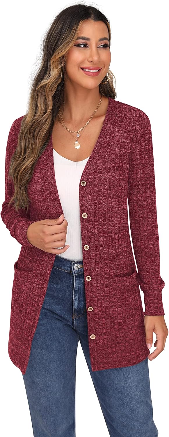 GRECERELLE Damen Leichte Strickjacke Lang mit Taschen und Knöpfen Long Elegant Cardigan V-Ausschnitt