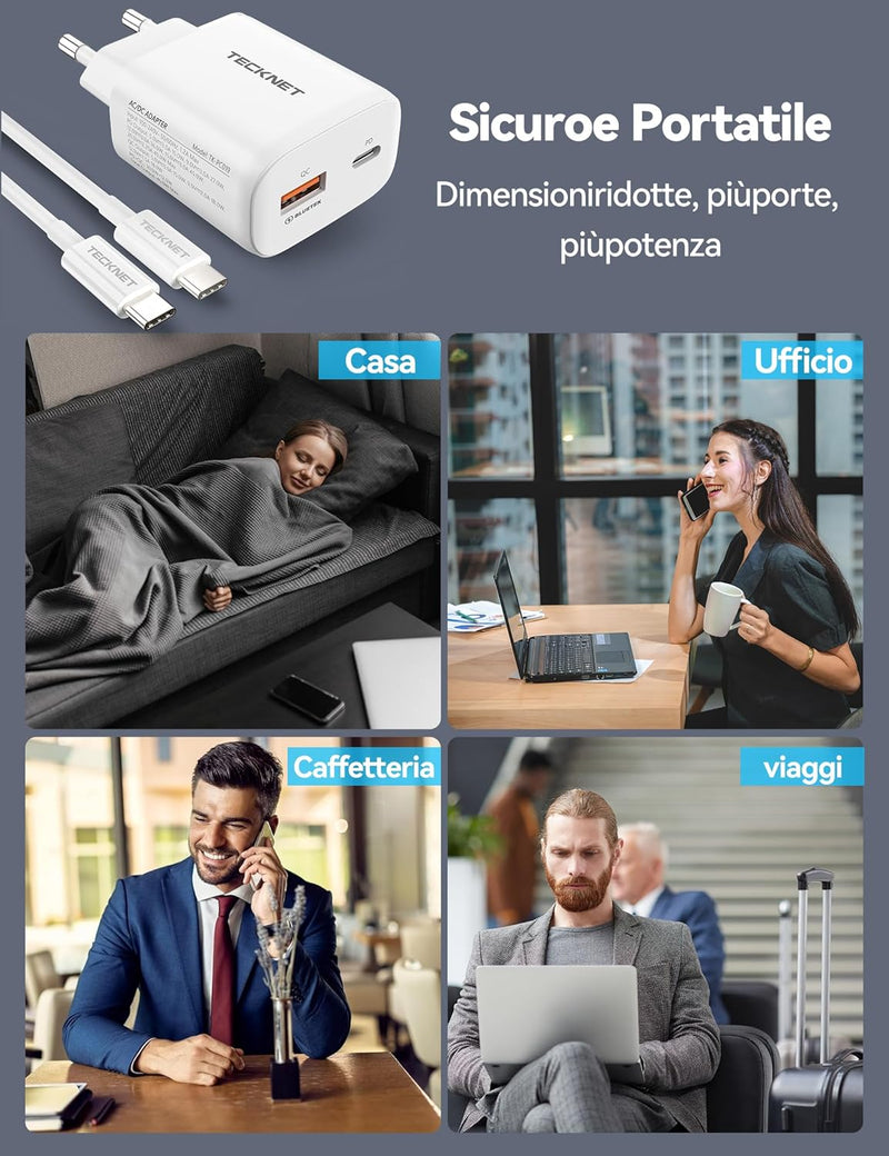 TECKNET 45W USB C ladegerät, 2-Port (1 USB C+1 USB) GAN Ⅲ Netzteil mit einen USB C auf USB C Ladekab