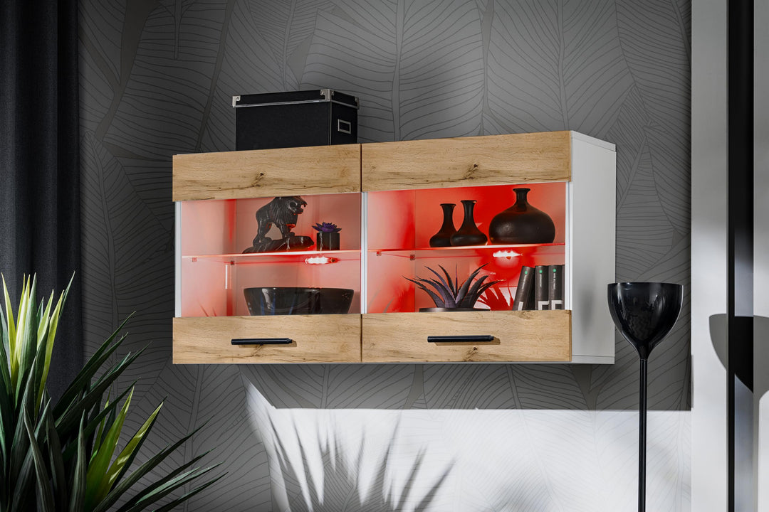 Komodee, Vitrine Schrank Savona, Weiss/Wotan, Breite 100cm x Höhe 50cm x Tiefe 30cm, LED RGB, 2 Glas