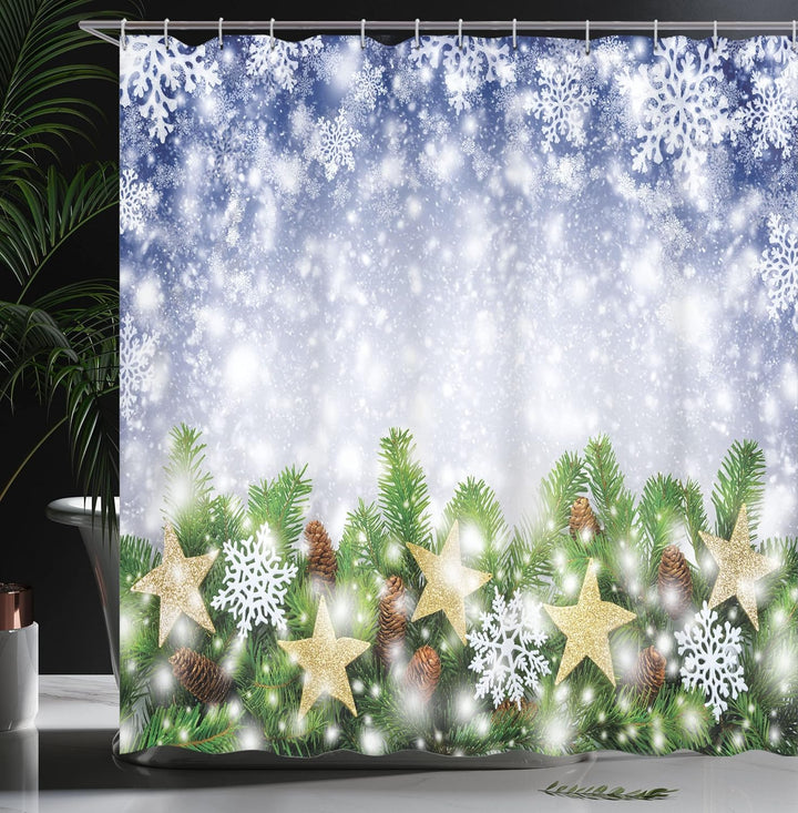 ABAKUHAUS Weihnachten Duschvorhang, Bokeh Schneeflocken, Bakterie Schimmel Resistent inkl. 12 Haken