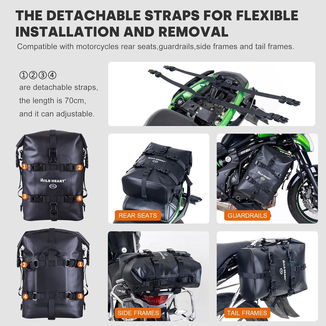 WILD Heart Motorrad-Trockentasche Sturzbügel-Taschen Tasche Gepäck Sissy Bar Rücksitz Sattelträger H