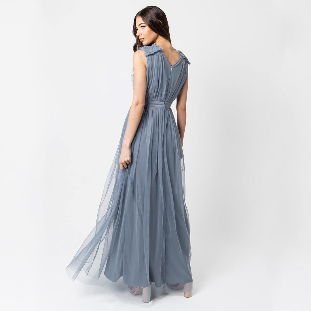 Maya Deluxe Damen Womens Ladies Maxi Dress with Ruffle V Neck Sleeveless High Empire Waist Long for