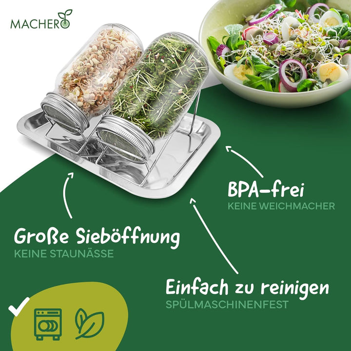 MACHERÓ Sprossenglas mit Deckel 750 ml, Keimglas 2er-Set Pflanzen im Glas, inkl. Abtropfschale, Edel