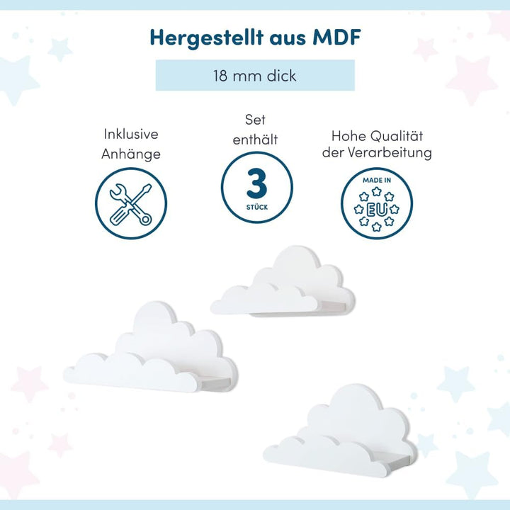 3er Set Wandregal Kinderzimmer Weiss | Babyzimmer Wolkenregal für Bücher, Spielzeug, Dekoration | Re