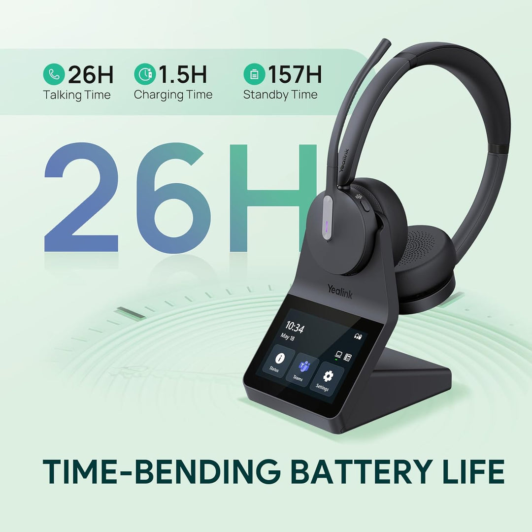 Yealink WH64 Pro DECT & Bluetooth Wireless Headset, 3.5" Touchscreen, Teams,UC,Zoom Dual On Ear Head