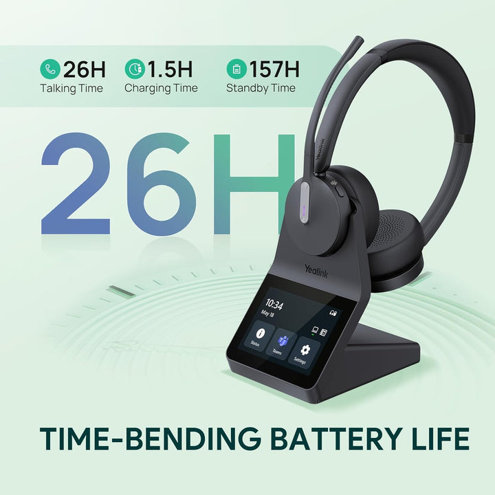 Yealink WH64 Pro DECT & Bluetooth Wireless Headset, 3.5" Touchscreen, Teams,UC,Zoom Dual On Ear Head