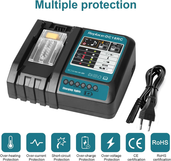 DC18RC Schnellladegerät Kompatibel mit makita 14.4V/18V Lithium-Ionen Akku BL1815N BL1820 BL1830 BL1