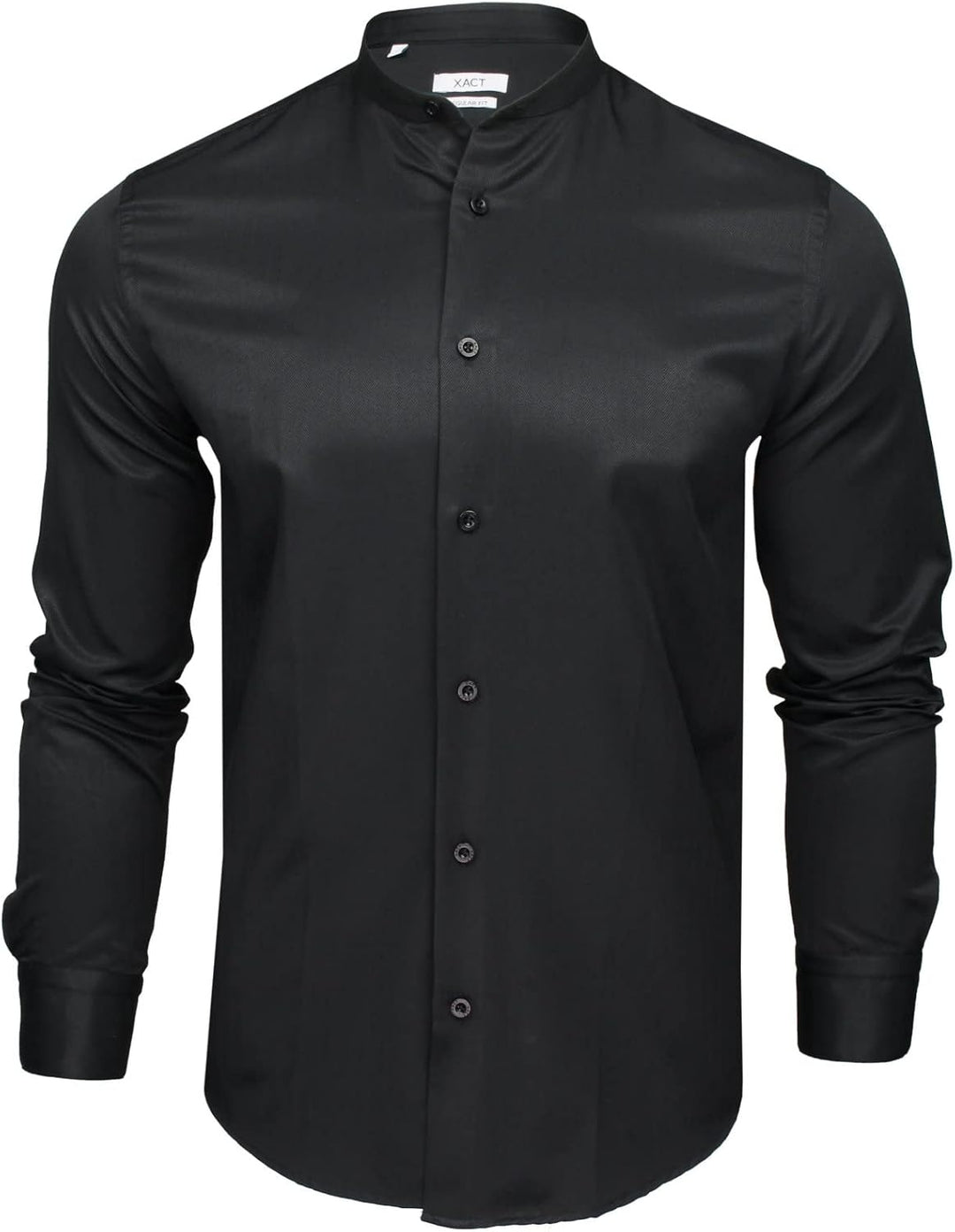 Xact Herren Langarmhemd mit Herringbone-Muster und Grandad-Mandarinkragen L Schwarz, L Schwarz