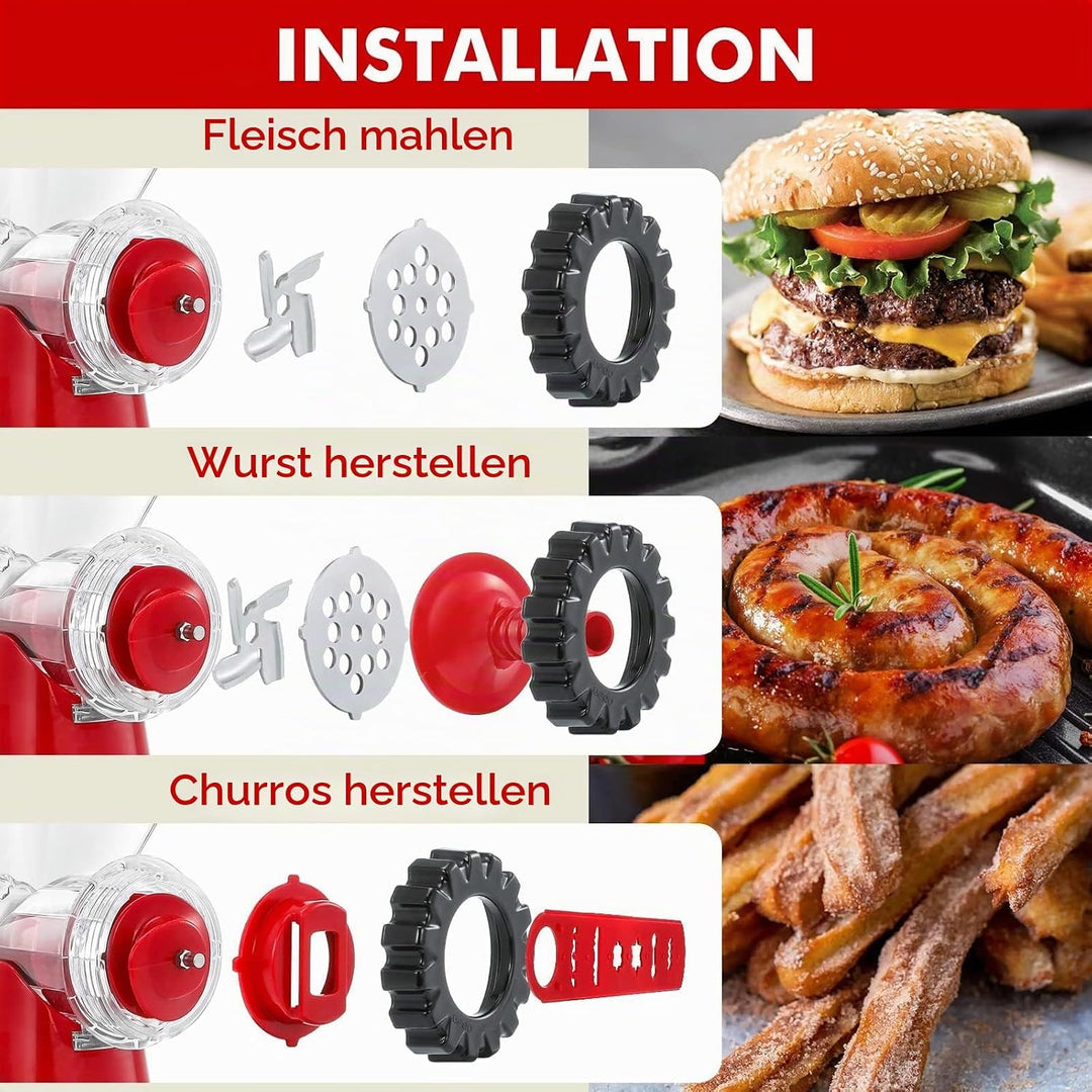 Geedel Fleischwolf Manuell, 4 in 1 Hackfleisch Zerkleinerer Edelstahl mit Wurstfüller Spritzgebäckvo