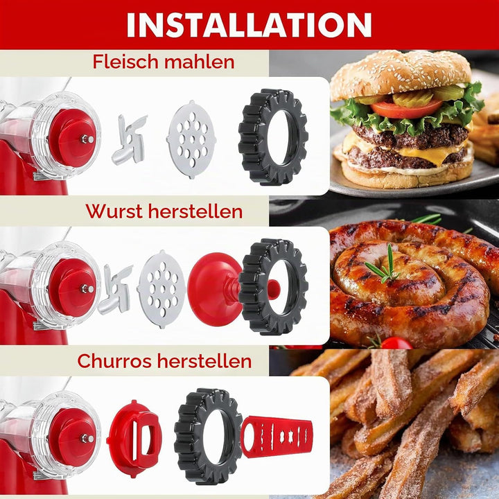 Geedel Fleischwolf Manuell, 4 in 1 Hackfleisch Zerkleinerer Edelstahl mit Wurstfüller Spritzgebäckvo