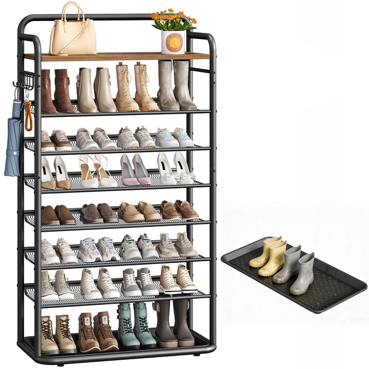 Hzuaneri 8-Stöckiges Schuhregal, 80 cm, 5 Haken, Schuhabtropfschale | Flache und Kippbare Gitternetz