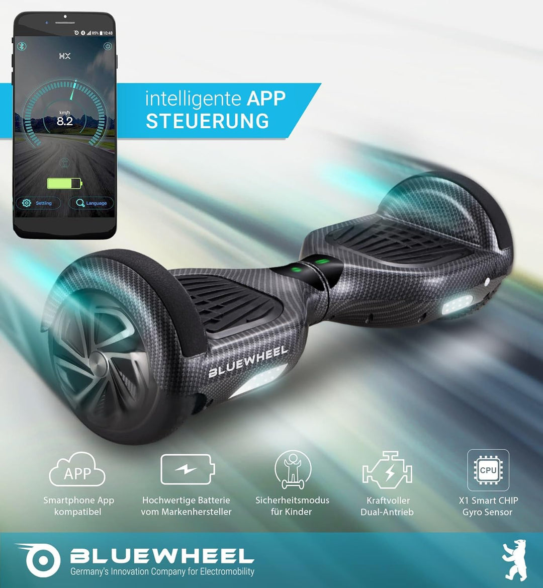 Bluewheel 6,5" Premium Hoverboard HX310s – Elektroboard mit LED, Bluetooth Lautsprecher, starker Dua