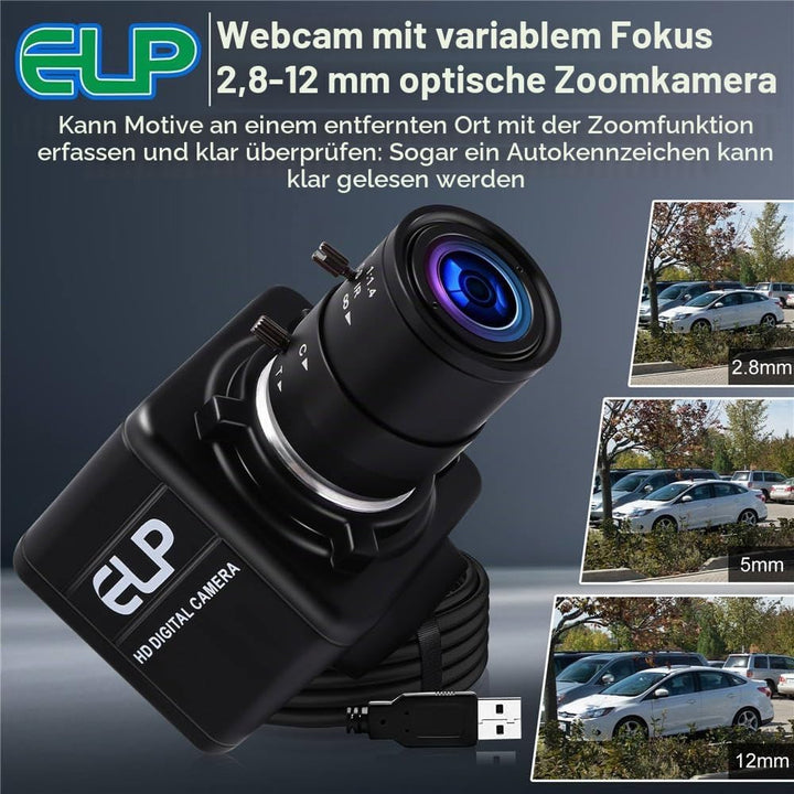 ELP 1080P Weitwinkel Web Kamera mit 2.8-12mm Zoom Objektiv,IMX323 Sensor Webcam Plug &amp; Play für PC,D