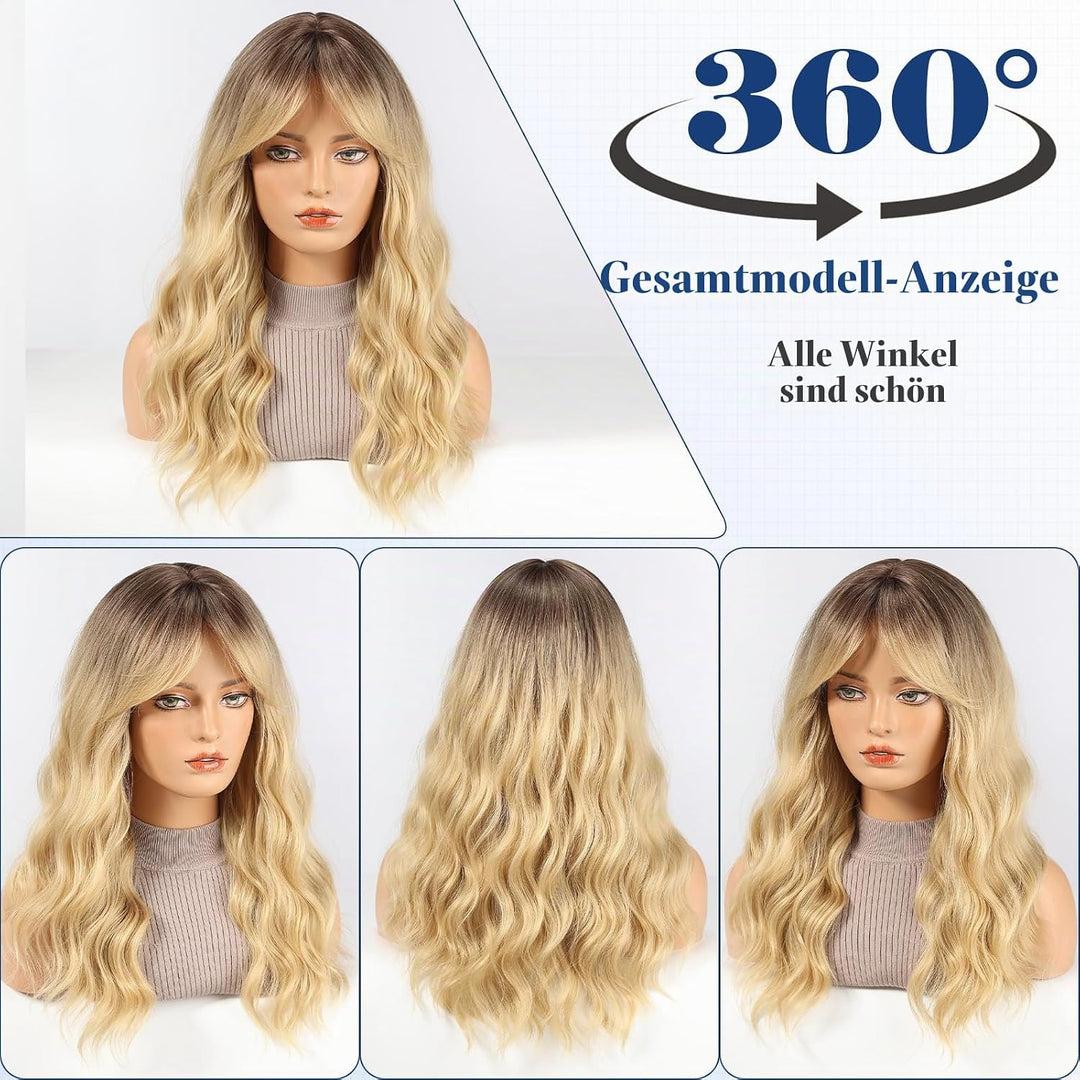HAIRCUBE Damen Perücke,Ombre Blonde Perücke Lange Lockige Mit Pony Für Frauen,Natürliche Synthetisch