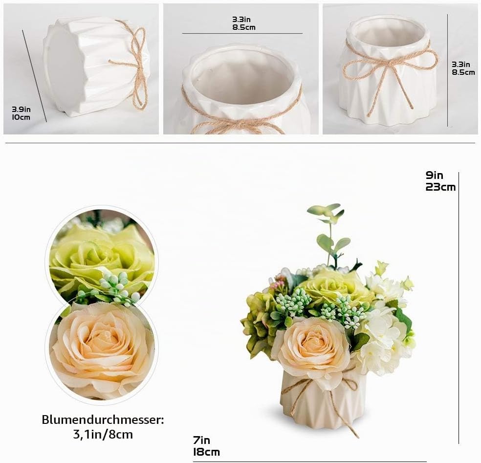 Künstliche Blumen Seidenrosen Blumensträusse Dekoration mit Keramikvase für Tisch Zuhause Büro Hochz