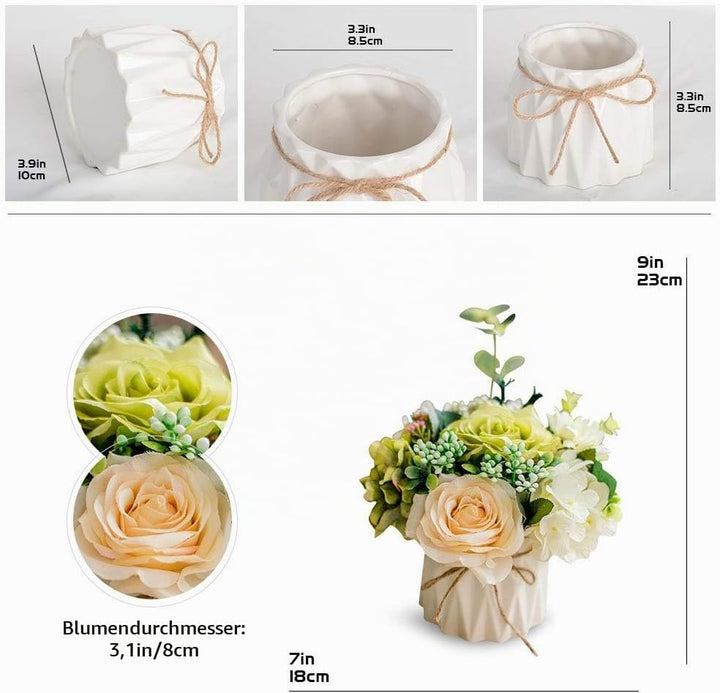 Künstliche Blumen Seidenrosen Blumensträusse Dekoration mit Keramikvase für Tisch Zuhause Büro Hochz