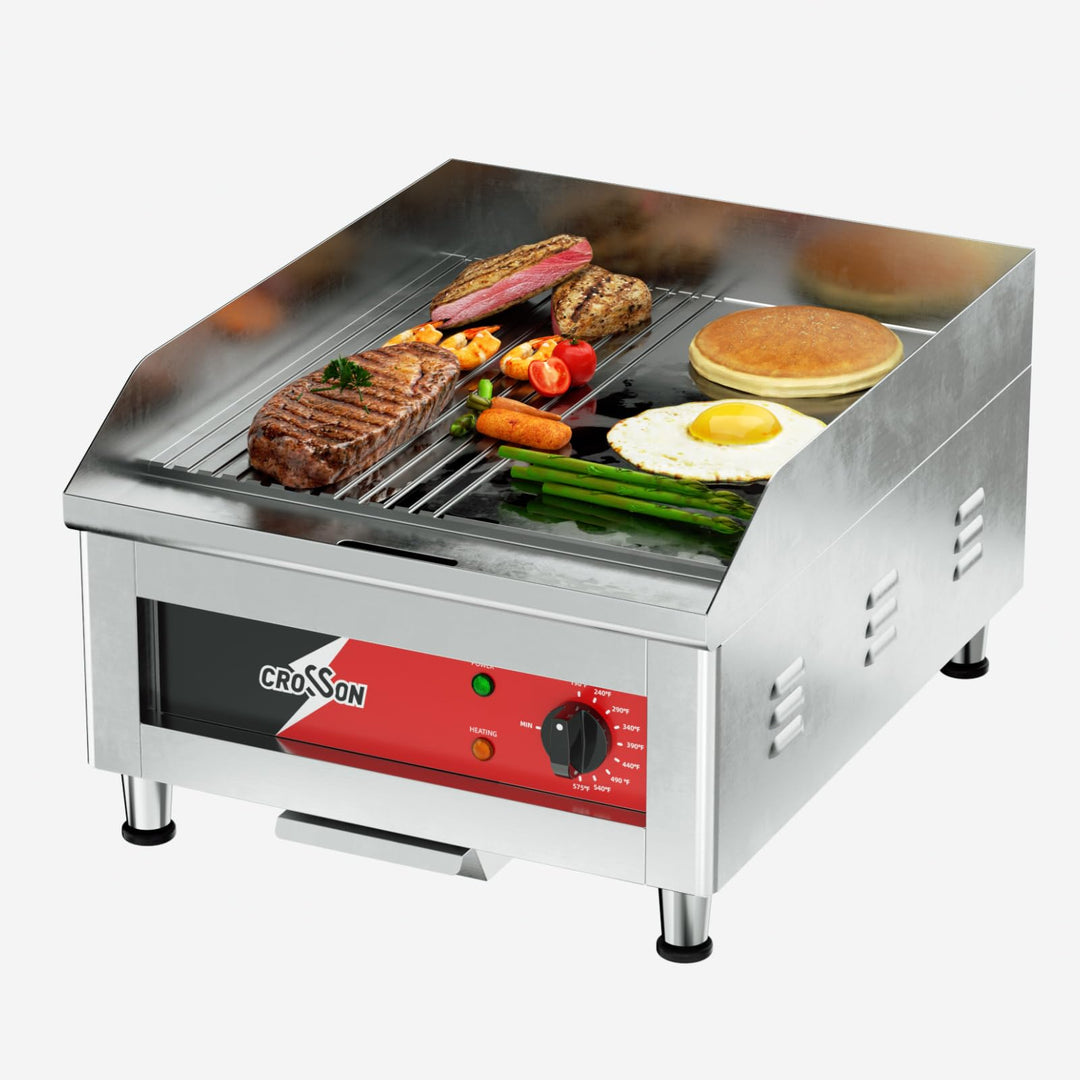 CROSSON Profi Gastro Grillplatte Elektrisch mit halb glatter und halb gerillter Grillfläche (40 x 40