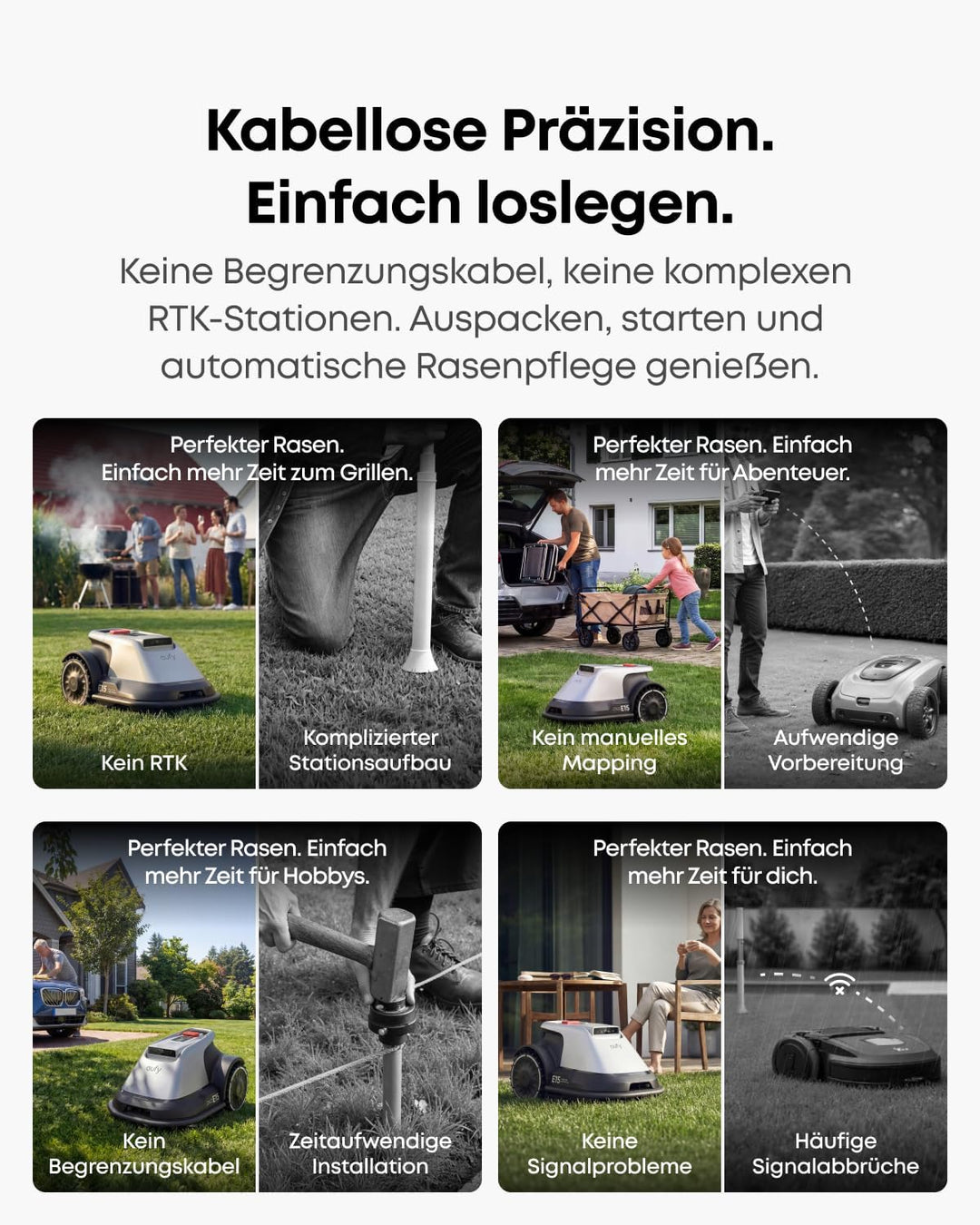 eufy Mähroboter E18 Set mit Garage &amp; Ersatzklingen, ohne Begrenzungskabel | Bis zu 1200m², TrueVisio