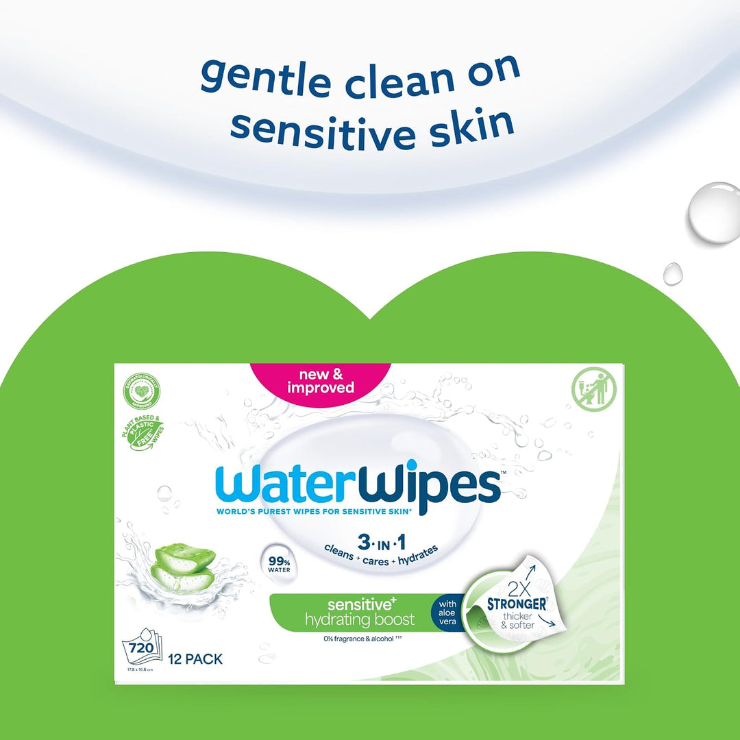 WaterWipes Sensitive+ Hydrating Boost Wipes, Feuchtigkeitsspendende Tücher, 720 Stück (12 Packungen)