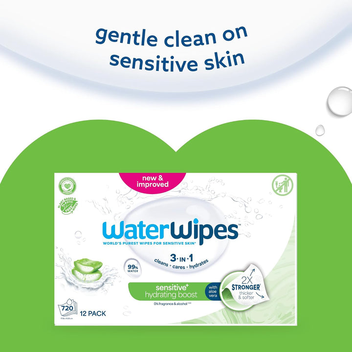 WaterWipes Sensitive+ Hydrating Boost Wipes, Feuchtigkeitsspendende Tücher, 720 Stück (12 Packungen)