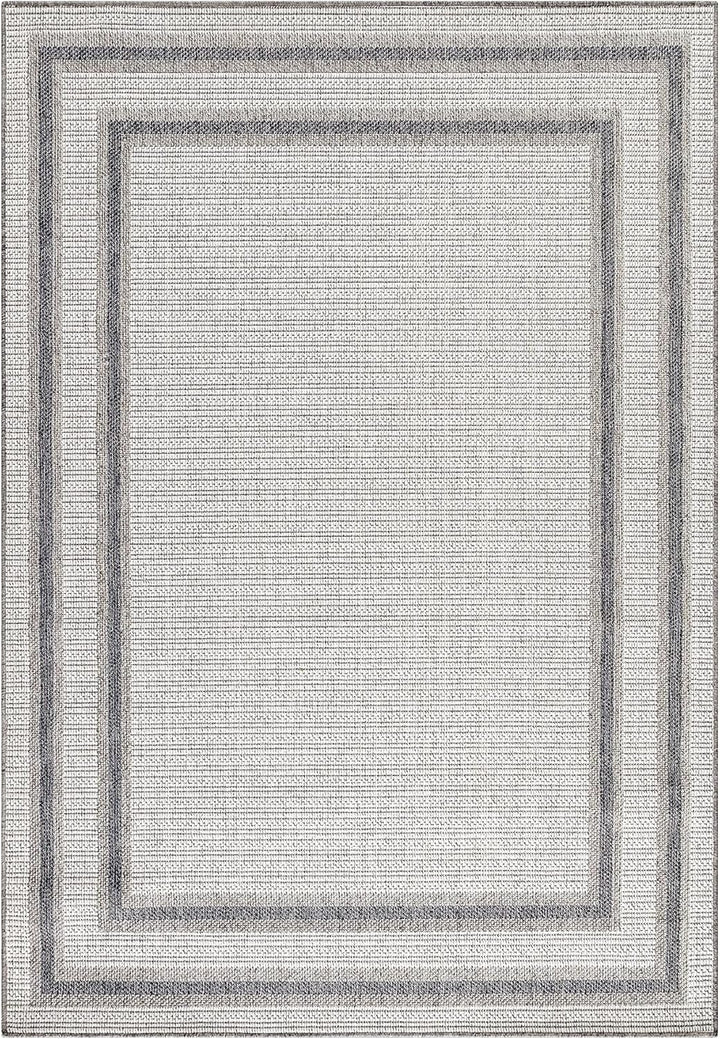 In- & Outdoor Teppich Robuster, Modern Bordüre Design, Rechteckig, Creme und Grau Farbe, Flachgewebe