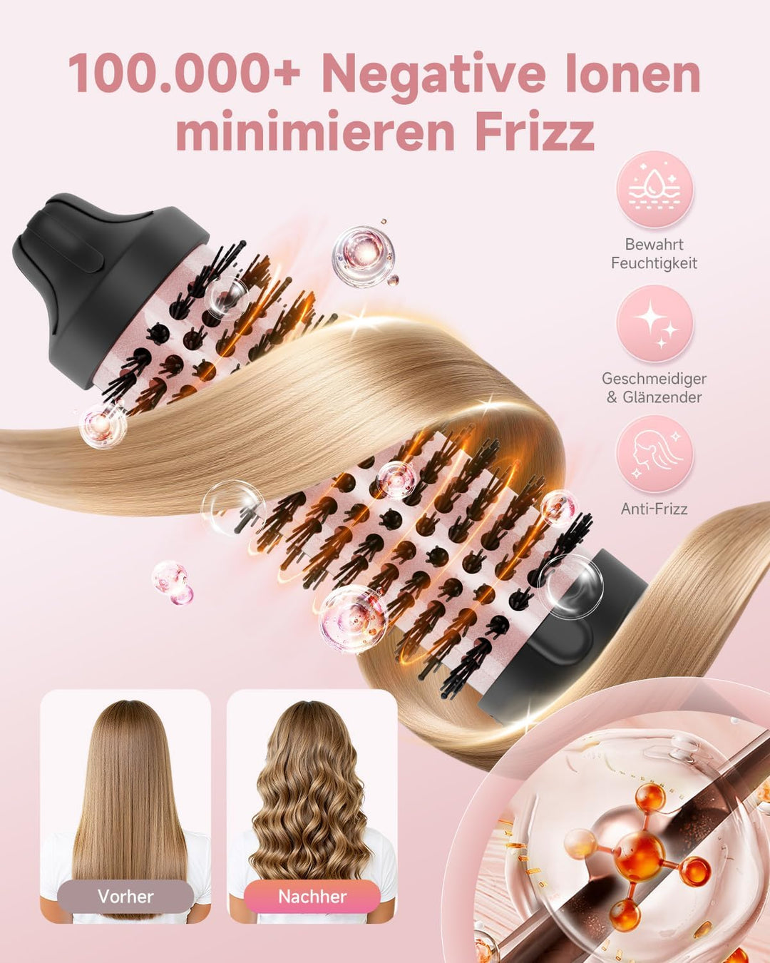 Thermobürste, Thermal Brush 38mm - Runder Heizkamm für natürliche Locken und glatteres Haar, 3 Tempe