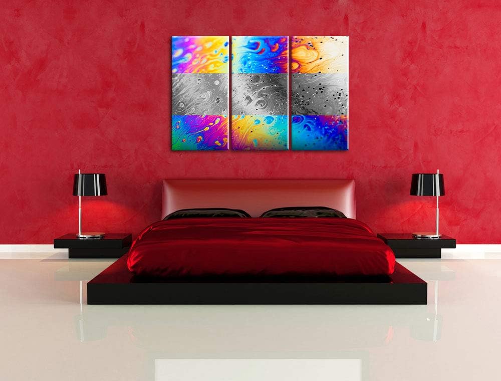 bunte Ölspritzer auf Glas schwarz/weiss 3-Teiler Leinwandbild 120x80 Bild auf Leinwand, XXL riesige