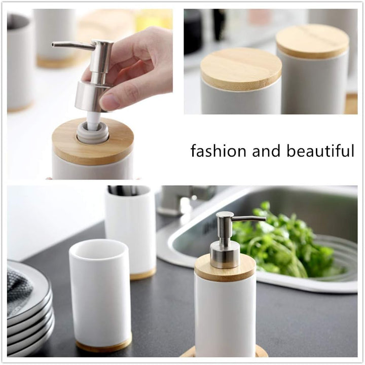 Badezimmer Accessoires Set Keramik, 4-teilig, Zahnbürstenhalter, Seifenspender, Bambus Fach, Zahnput