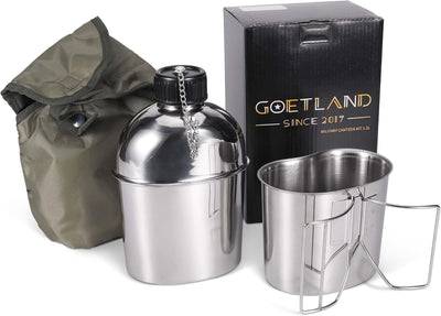 Goetland Edelstahl US Feldflasche Wasserflasche Trinkflasche 1,2L mit 0,6 L Becher Stofftasche für C