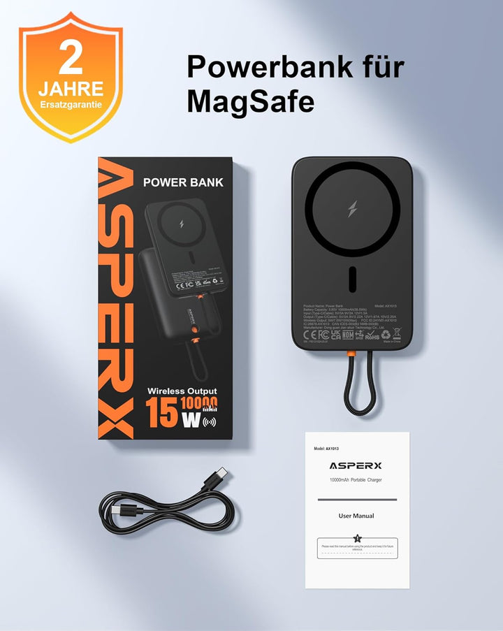 AsperX Magnetische Powerbank für Magsafe: 10000mAh Klein Wireless Power Bank mit 22.5W USB-C Kabel,