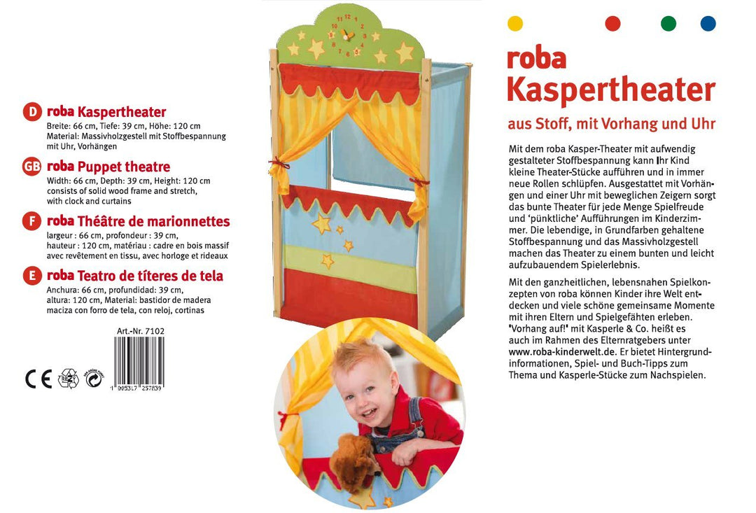 roba Kasperletheater, Puppentheater mit Uhr, Stand-Kaspertheater aus Massivholz mit Stoffbespannung,