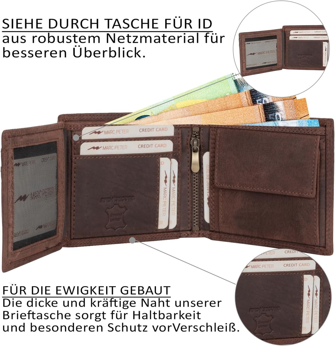 Marc Peter® Echt-Leder Geldbörse Hanover | Geldbeutel für Herren mit RFID-Schutz | Gross 10 Fächer P