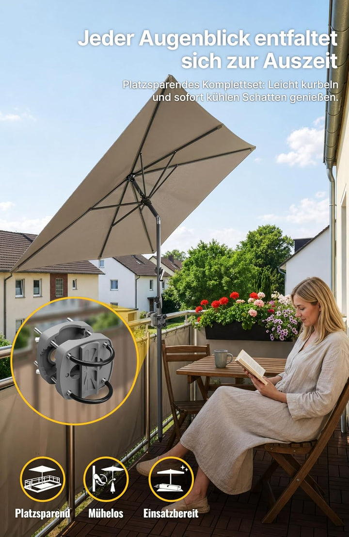 4smile SunnyShade Sonnenschirm Balkon mit Halterung im 3-er-Set, UV 50+, 210x140 cm, Taupe, Balkonsc