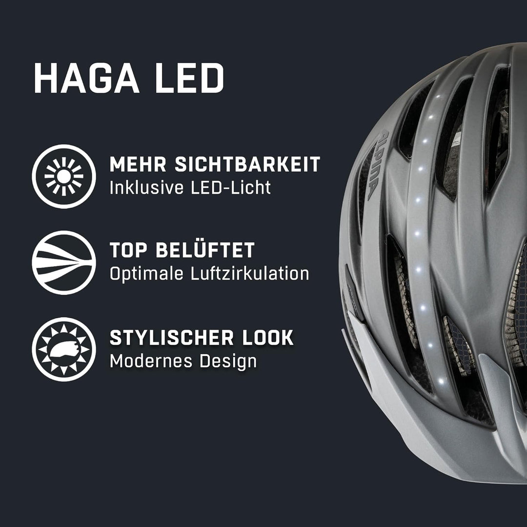 ALPINA HAGA LED - Stossabsorbierender, Beleuchteter & Optimal Anpassbarer Fahrradhelm Mit Integriert
