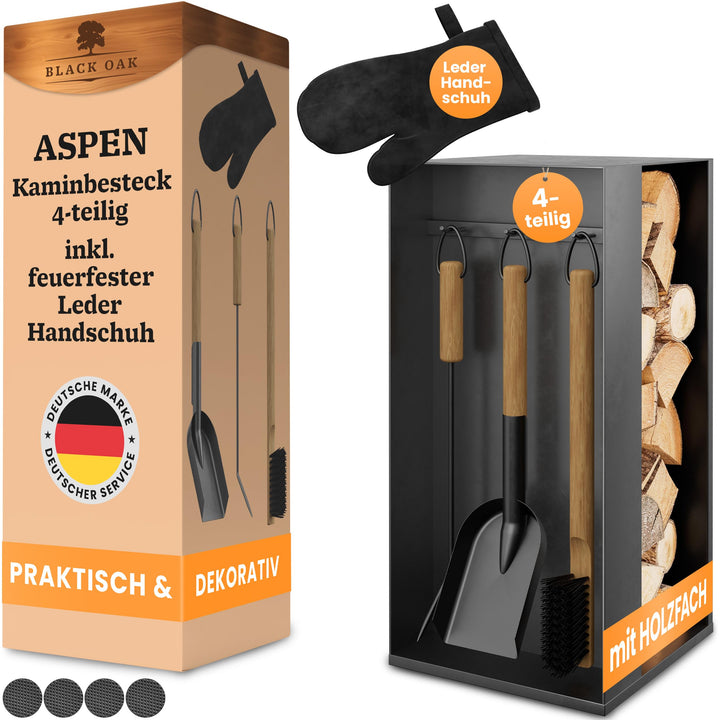 BLACK OAK Kaminbesteck ASPEN 4-teilig mit Lederhandschuh - praktisches & repräsentatives Ofenbesteck
