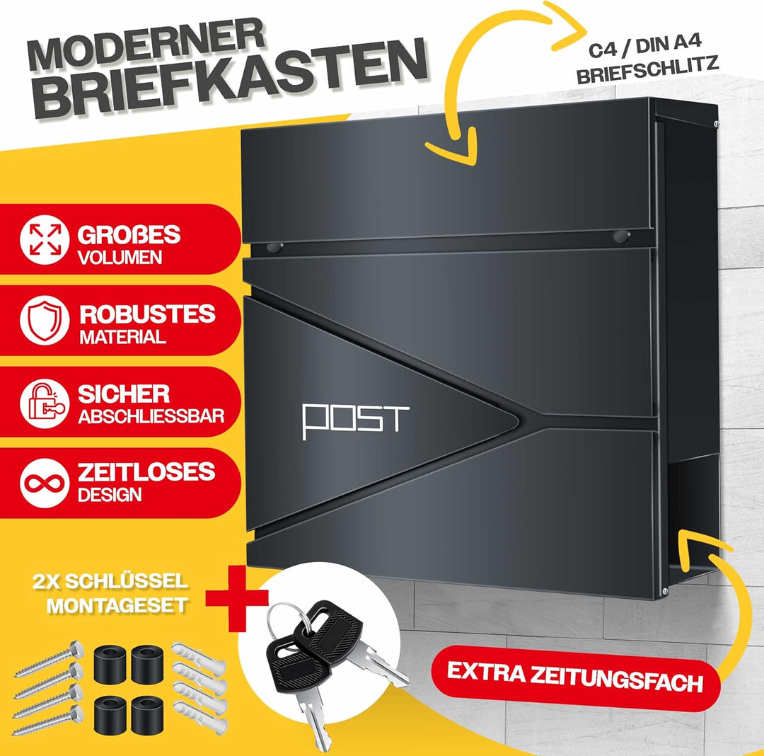 KESSER® Briefkasten mit Zeitungsfach Wandmontage Wandbriefkasten Edelstahl, 2X Schlüssel abschliessb