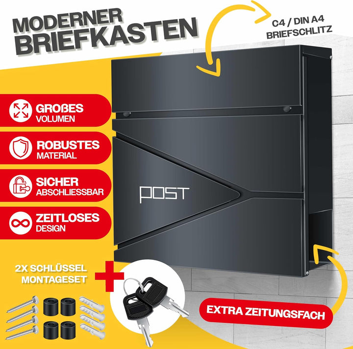 KESSER® Briefkasten mit Zeitungsfach Wandmontage Wandbriefkasten Edelstahl, 2X Schlüssel abschliessb
