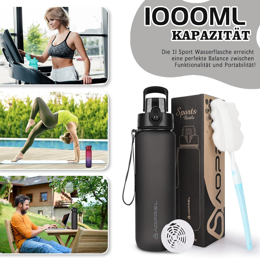 AOPREL Trinkflasche 1l, Wasserflasche BPA-Frei aus Tritan, Sport Trinkflasche Kohlensäure geeignet,