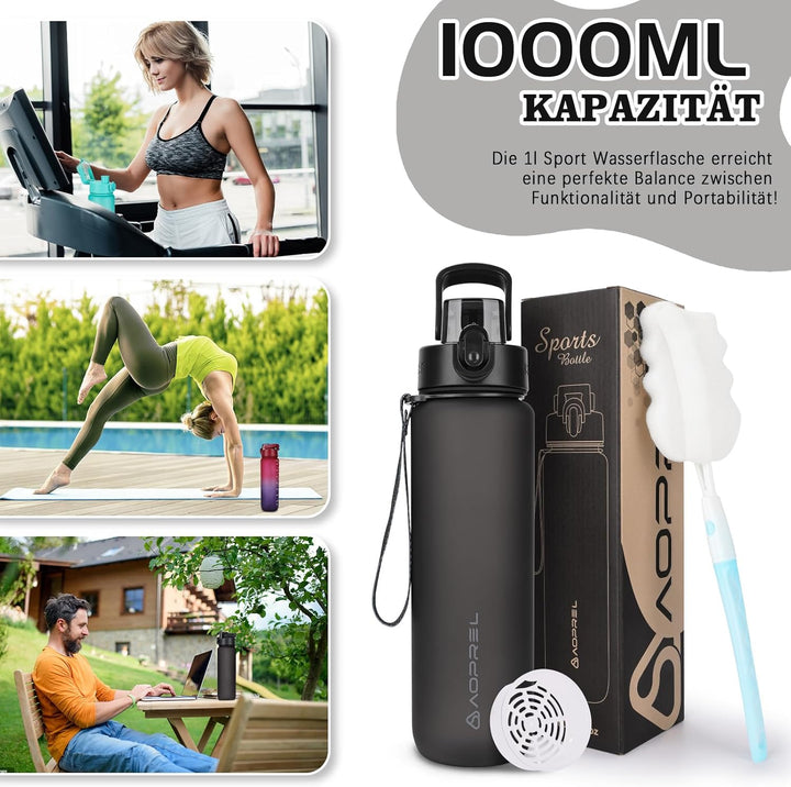 AOPREL Trinkflasche 1l, Wasserflasche BPA-Frei aus Tritan, Sport Trinkflasche Kohlensäure geeignet,