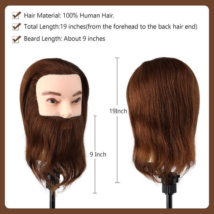 Mann Frisierkopf 100% Echthaar mit Bart Männlich Übungskopf Echthaar Friseur Kopf Puppenkopf Mannequ