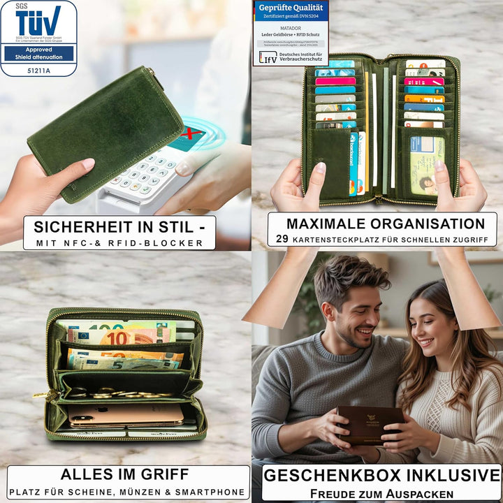 MATADOR ECHT Leder Frauen Geldbörse TüV Geprüfter RFID Schutz Damen Portemonnaie Rindsleder Scheinta