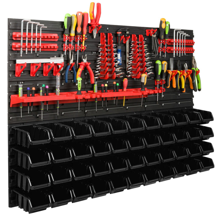 Lagersystem Werkstattregal | 117 x 78 cm | 44 stck. Box | Wandregal mit Werkzeughalterungen und Stap