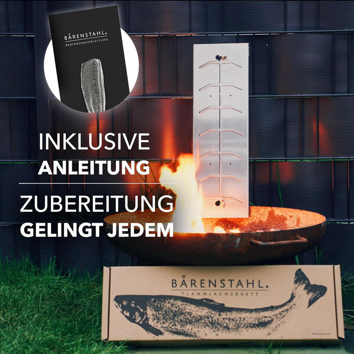 Bärenstahl Flammlachsbrett – Flammlachsbretter mit Halterung – Feuerfest aus Edelstahl geeignet für