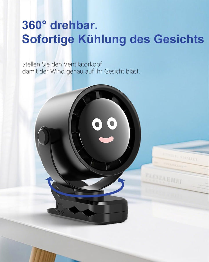 USB-C Ventilator Wiederaufladbar mit Klemme Tischventilator | 5 Geschwindigkeiten, LED Display, 360°