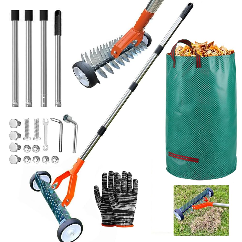 Handvertikutierer mit Rollen, Schneidrechen mit Stiel 165cm, Vertikutierer Rechen Hand mit Gartenabf