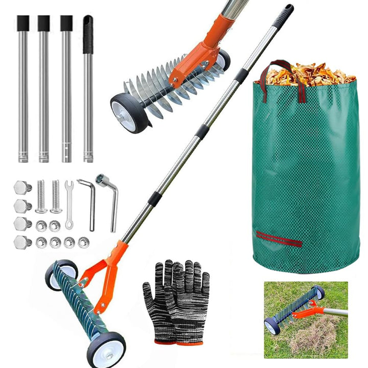 Handvertikutierer mit Rollen, Schneidrechen mit Stiel 165cm, Vertikutierer Rechen Hand mit Gartenabf